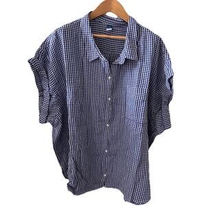 NWT Old Navy Blue Gingham Button Up Short Sleeve Top‎ | XXL